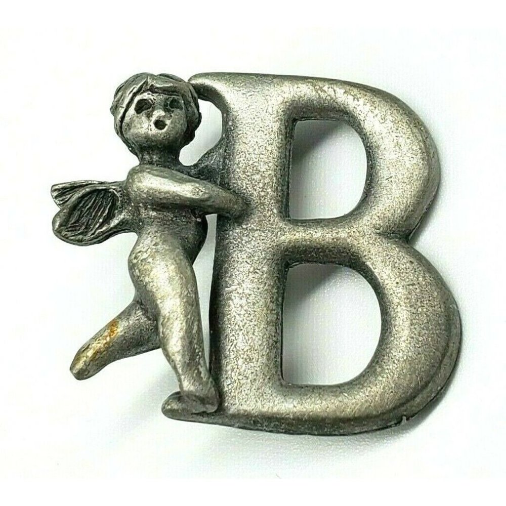 Vintage Signed L Razza Silver Tone Guardian Angel Brooch With Initial B Cherub